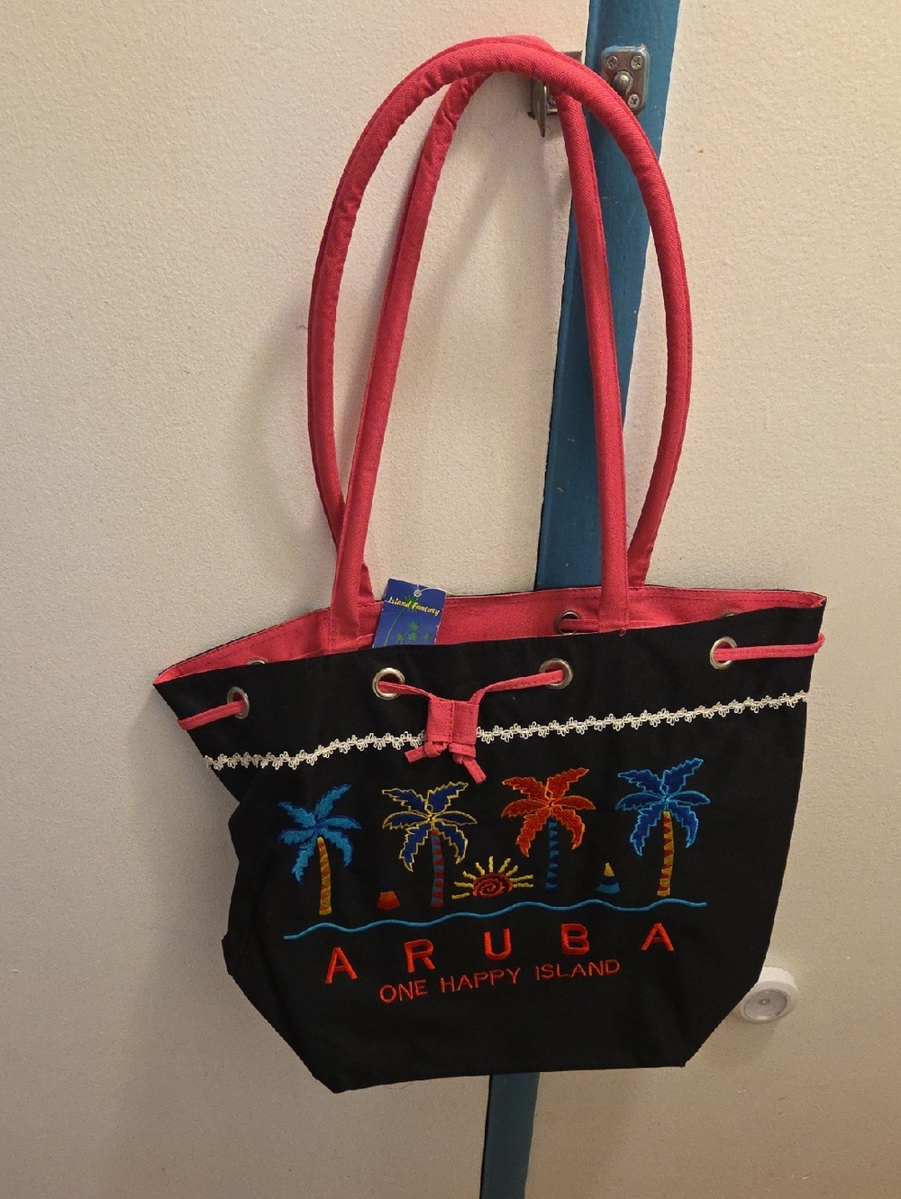 Aruba Embroidered Black & Pink Tote Bag - One Happy Island
